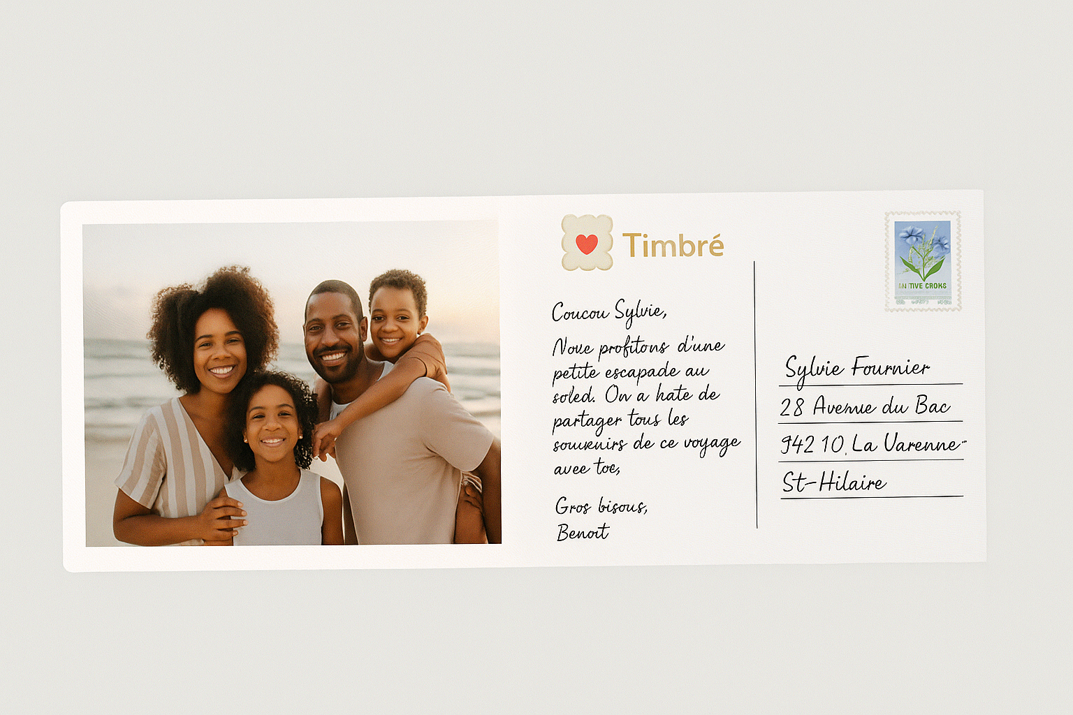 Carte postale de famille à la plage